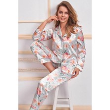 Nurteks 5654X Kadın Büyük Beden Saten Önden Düğmeli Uzun Kollu Pijama Takımı-Mint