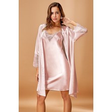 Nurteks 5336 Kadın Saten  Ip Askılı Gecelik Sabahlık Takım-Pudra