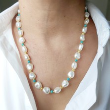 Devi Fashion Turkuaz Renkli Doğal Taş Detaylı Inci Kolye