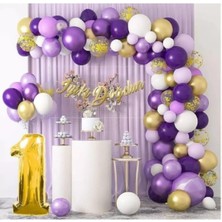 Store Bkmc 1 Yaş Macaron Mor Balon Zinciri Seti Gölge Mor Altın Balon Dekorasyon BMCNM247