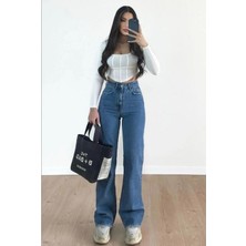 Christian Kot Modası Kadın 90'S Orta Mavi Palazzo Paça Sjean Pantolon Pamuk Kumaş Özellik