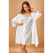 Nurteks 5336 Kadın Saten  Ip Askılı Gecelik Sabahlık Takım-Ekru