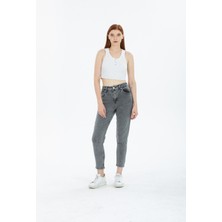 Kot Modası Kadın Füme Yüksek Bel Mom Jeans Kot Pantolon