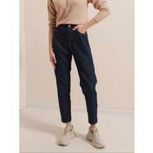 Kot Modası Denim Kumaş Kar Lacivert Mom Jeans