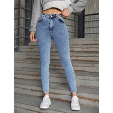 Kot Modası Yüksek Bel Kar Yıkama Skinny Dar Paça Jean Kadın