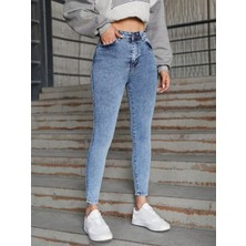 Kot Modası Yüksek Bel Kar Yıkama Skinny Dar Paça Jean Kadın