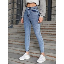 Kot Modası Yüksek Bel Kar Yıkama Skinny Dar Paça Jean Kadın