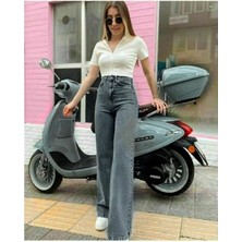 Kot Modası Jorde Kadın Füme Bol Paça Wide Leg Antrasit Kot Pantolon Pamuk Kumaşlı Model