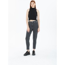 Kot Modası Kadın Antrasit Yüksek Bel Mom Jeans Kot Pantolon