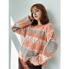 Retrobird Vintage Desenli Jakarlı Triko Kazak Kadın Somon