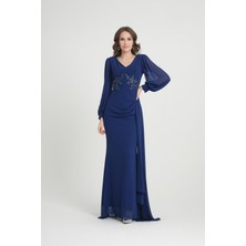 Livanomi Saks Boncuk İşlemeli Abiye Elbise