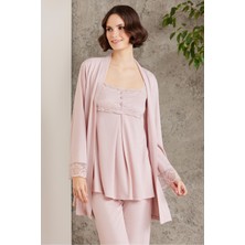 Pierre Cardin Dantelli Penye 3'Lü Kadın Lohusa Pijama Takımı 2805 - Pudra