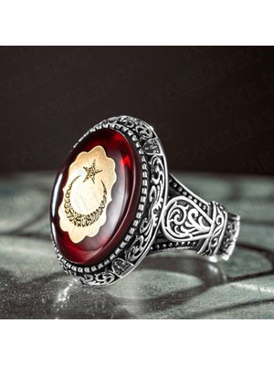 Takılingo 925 Ayar Gümüş Kehribar Taşlı Ayetel Kürsi Işlemeli Ayyıldız Desenli Yanları Süslemeli Erkek Yüzük