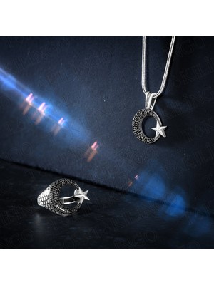 Takılingo 925 Ayar Gümüş Mini Zirkon Taş Işlemeli Ay Yıldız Desenli Erkek Yüzük ve Kolye Takı Seti