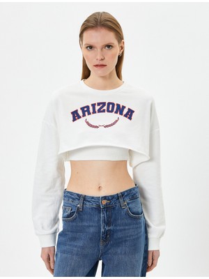 Koton Crop Sweatshirt Baskılı Bisiklet Yaka Uzun Kollu