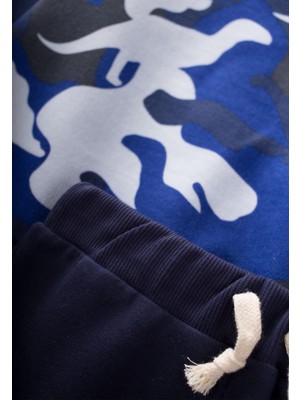 Kamuflaj Dinazor Desenli Sweatshirt Takım 2-10 Yaş Saks Mavi