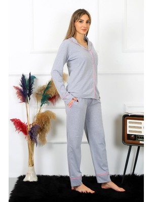 Akbeniz Kadın Pamuk Penye Önden Düğmeli Uzun Kol Gri Pijama Takım 2782