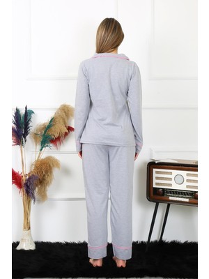 Akbeniz Kadın Pamuk Penye Önden Düğmeli Uzun Kol Gri Pijama Takım 2782