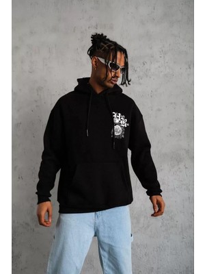 Tarz Yeri Erkek Baskılı Kapşonlu Sweat - Siyah