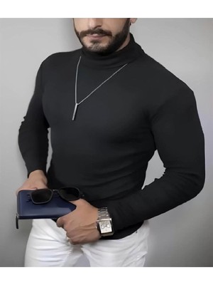 Tarz Yeri Erkek Kaşkorse Boğazlı Full Likralı Fitilli Body Kazak - Siyah