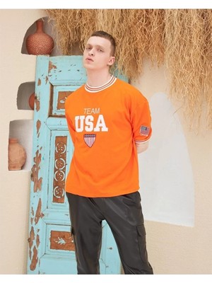 Erkek Nakış Işlemeli Ribanalı Oversize T-Shirt - Turuncu