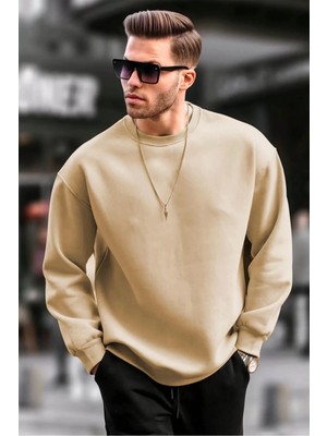 Tarz Yeri Erkek Düz Bisiklet Yaka Sweat - Bej