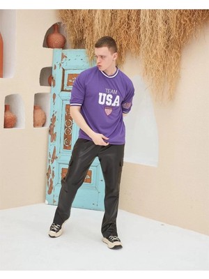 Erkek Nakış Işlemeli Ribanalı Oversize T-Shirt - Mor