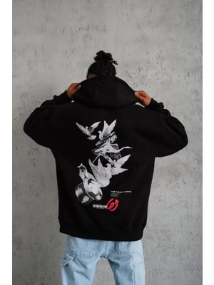 Tarz Yeri Erkek Şapkalı Güvercin Baskılı Kapşonlu Sweat - Siyah