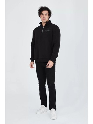 Tarz Yeri Erkek Yarım Fermuarlı Baskılı Sweat - Siyah
