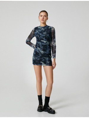 Koton Tül Mini Elbise Drapeli Uzun Kollu Batik Desenli Astarlı