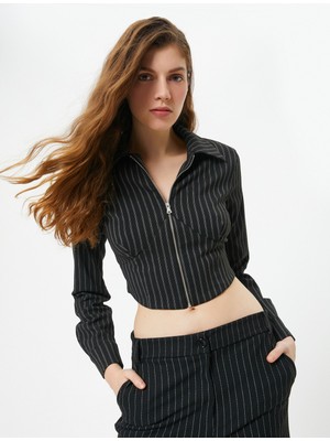 Koton Crop Bluz Fermuarlı Slim Fit Dikiş Detaylı Uzun Kollu