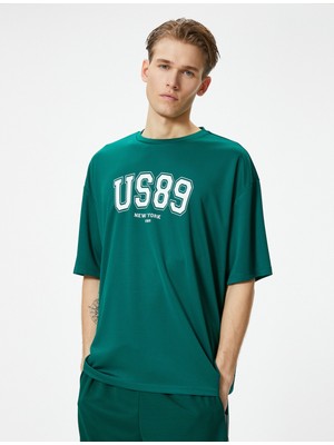 Koton Oversize Spor Tişört Kolej Baskılı Bisiklet Yaka Kısa Kollu