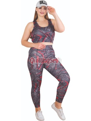 Quilling Siyah Lady 1508 Desenli Kadın Büyük Beden Tayt Büstiyer Spor Takım