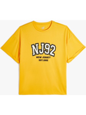 Koton Oversize Spor Tişört Ekstra Uzun Baskılı Kısa Kollu Bisiklet Yaka