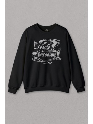 So Cool Unisex Siyah Sweatshirt Harry Geyik Expecto Patronum Film Baskılı Sweat