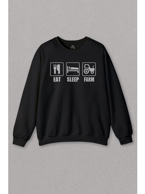 So Cool Unisex Siyah Sweatshirt Eat Sleep Farm Çiftçi Çiftçilik Baskılı Sweat