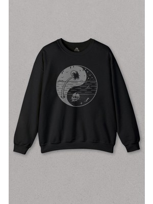 So Cool Unisex Siyah Sweatshirt Ying Yang Doğa Günü Çevre Kirliliği Ölüm Skull Baskılı Sweat