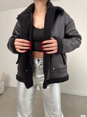 Trend Esinty Kadın Peluş Detay Süet Mont (Renkli)