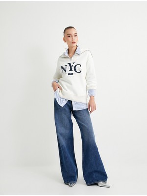 Koton Yarım Fermuarlı Oversize Sweatshirt Kolej Temalı Dik Yaka
