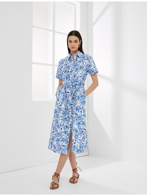 Koton Çiçekli Gömlek Elbise Midi Düğmeli Kuşaklı Kısa Kollu