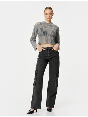 Koton Crop Ajurlu Tişört Uzun Kollu Metalik Simli Bisiklet Yaka