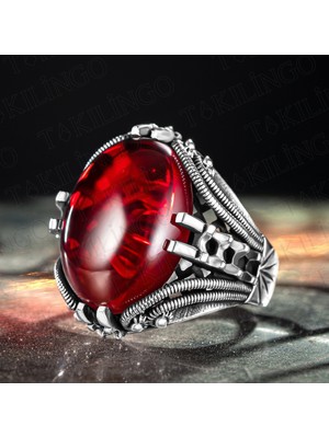 Takılingo 925 Ayar Gümüş Ruby Taşlı Sade Motifli Erkek Yüzük