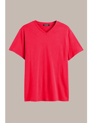 Comeor Erkek Kırmızı %100 Pamuk Basıc Regular Fit Pamuklu Kısa Kollu V Yaka T-shirt