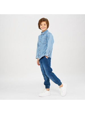 Panço Erkek Çocuk Düğmeli Denim Gömlek Uzun Kol Dik Yaka Günlük Stil 12 Yaş