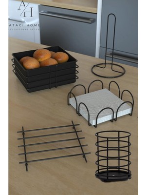 Atacı Home Lüx Paslanmaz Servis Sunum Seti Ekmek Sepeti Mutfak Havluluk Peçetelik Nihale Kaşıklık 5 Parça