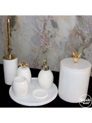 Sipahi Marble Beyaz Mermer Bombeli Dizayn 7'li Banyo Seti