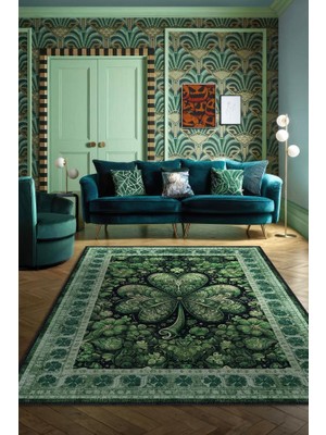 Homshtag Yonca Dijital Baskılı Halı Şans Temalı Dokuma Tabanlı Çok Renkli Halı Yeşil Renk Şans Halısı