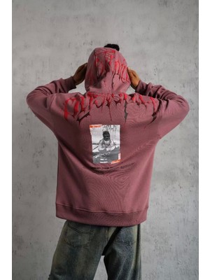 TeksAs Giyim Erkek Ön ve Arka Baskılı Kapüşonlu 3 Iplik Sweatshirt - Gül Kurusu