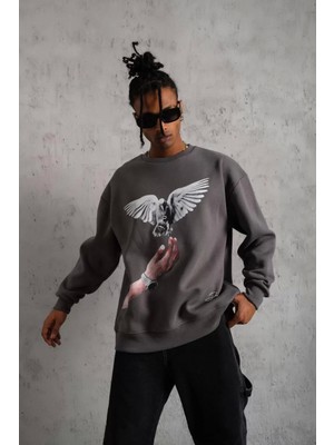 TeksAs Giyim Erkek Güvercin Baskılı Sweatshirt - Gri