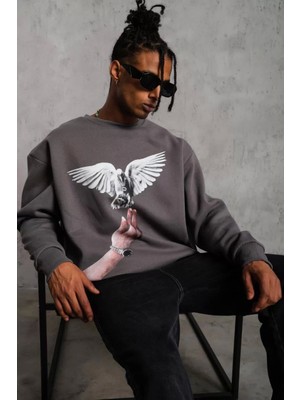 TeksAs Giyim Erkek Güvercin Baskılı Sweatshirt - Gri